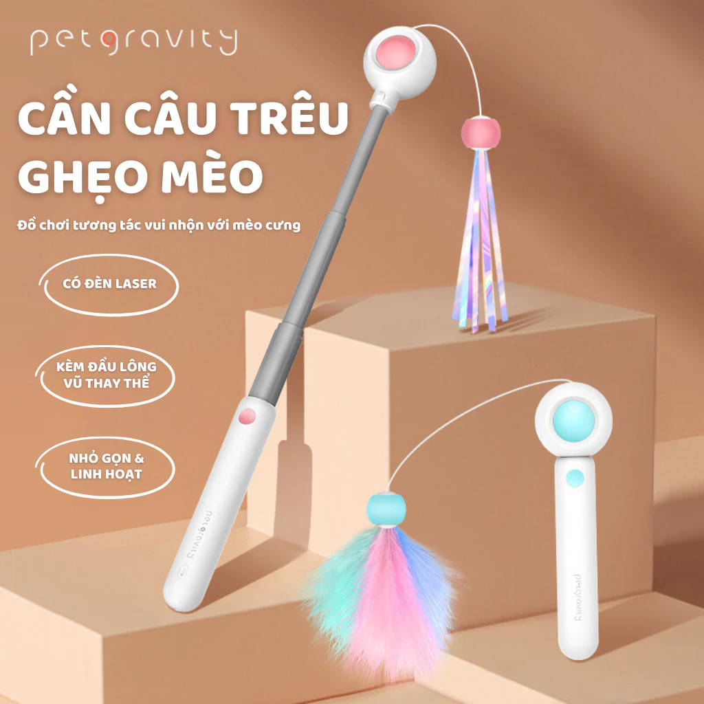 Đồ Chơi Cho Mèo PetGravity, Cần Câu Mèo & Đèn Laser Vui Nhộn, Giảm Stress Cho Mèo