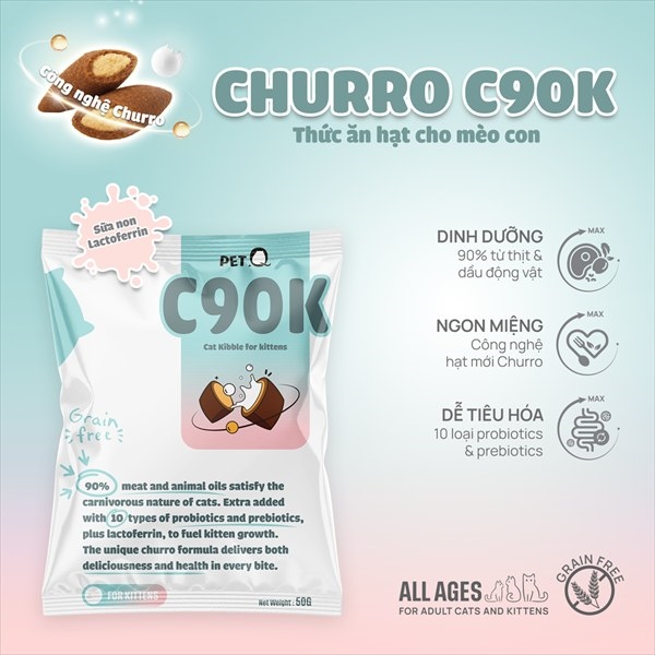Hạt Mèo Nhân Thịt & Sữa Non Thượng Hạng PetQ Mèo Con, Hạt PetQ Churro C90K