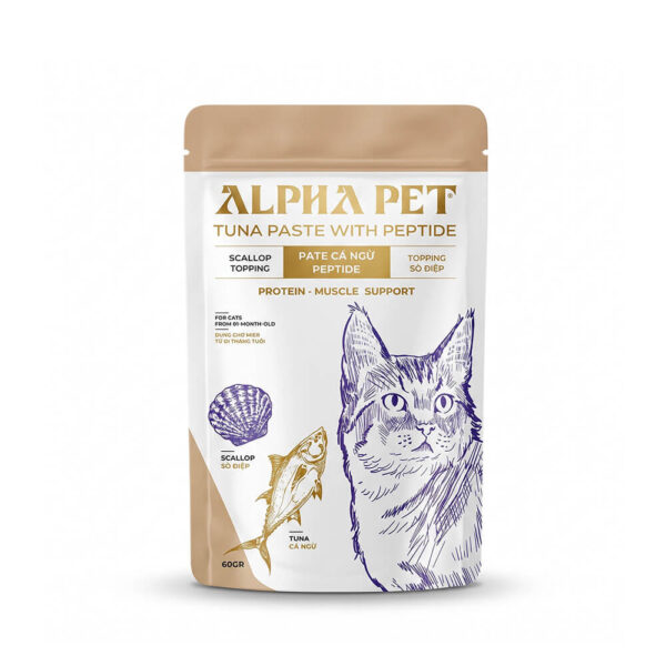 Pate Alpha Pet Cá Ngừ Topping Sò Điệp - Hỗ Trợ Cơ Bắp Cho Mèo